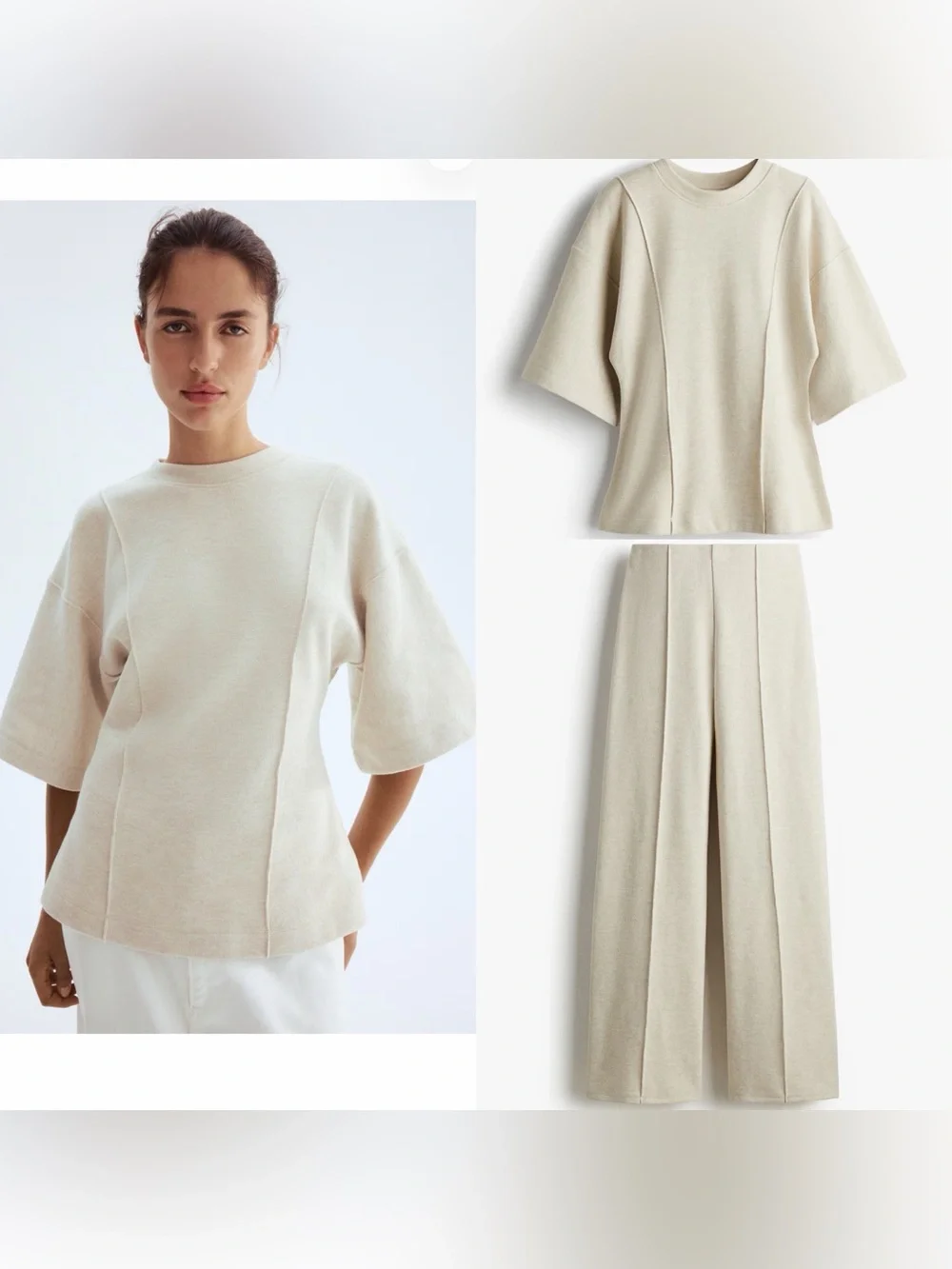 H&M 2 piece matching lounge SET cinched Cream Structured Knit Top & pants
